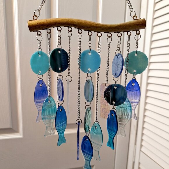 Stunning Stained Glass & Blue Glass Fish Wind Chime - Beach Decor - Picture 6 of 14